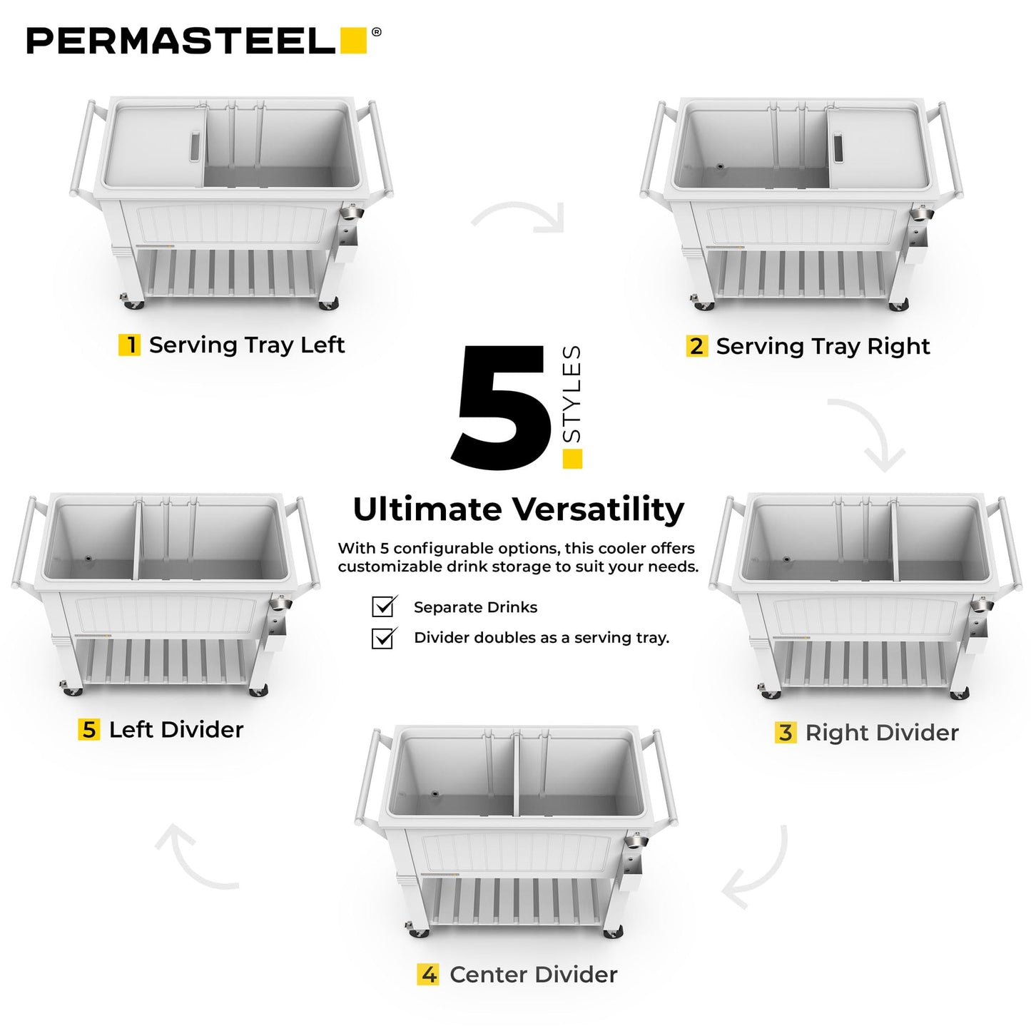 Permasteel Party Cooler with Divider, Spacious 80-Qt Capacity, Chills 36hrs, Serving Tray, Rolling Ice Chest for Indoor and Outdoor Entertainment, Matte White