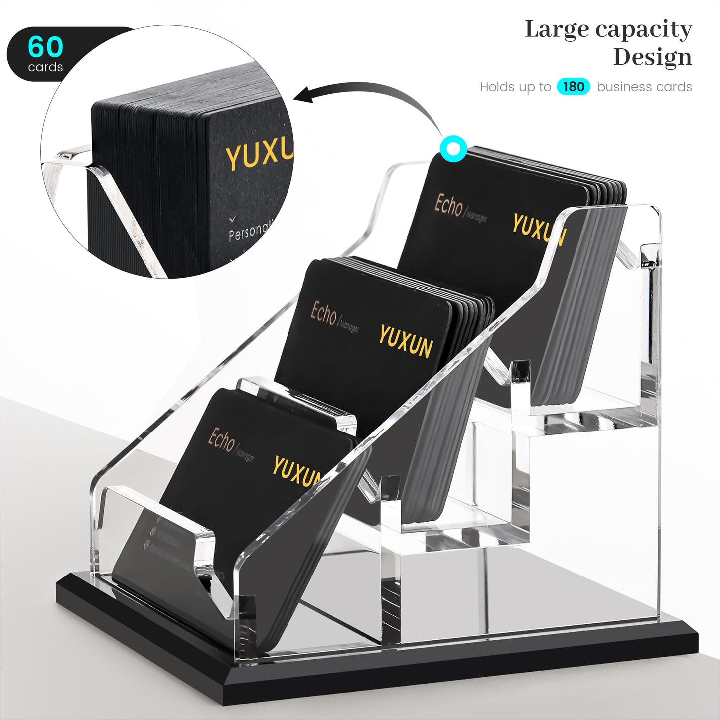 YUXUN Black Business Card Holder for Desk-3 Tier 3 Slot, Acrylic Business Card Holder for Women Men, 100+ Business Cards Display Stand, Multiple Business Card Display for Exhibition, Home, Office