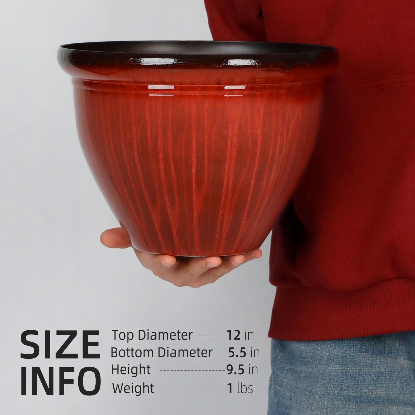 Worth Garden 12-Inch Dia. Round Red Plastic Planters with Drain Holes, 9.5-Inch Height - 4-Pack Glossy Finish Bell-Shaped Plant Pot – Lightweight Indoor/Outdoor Flower Pots
