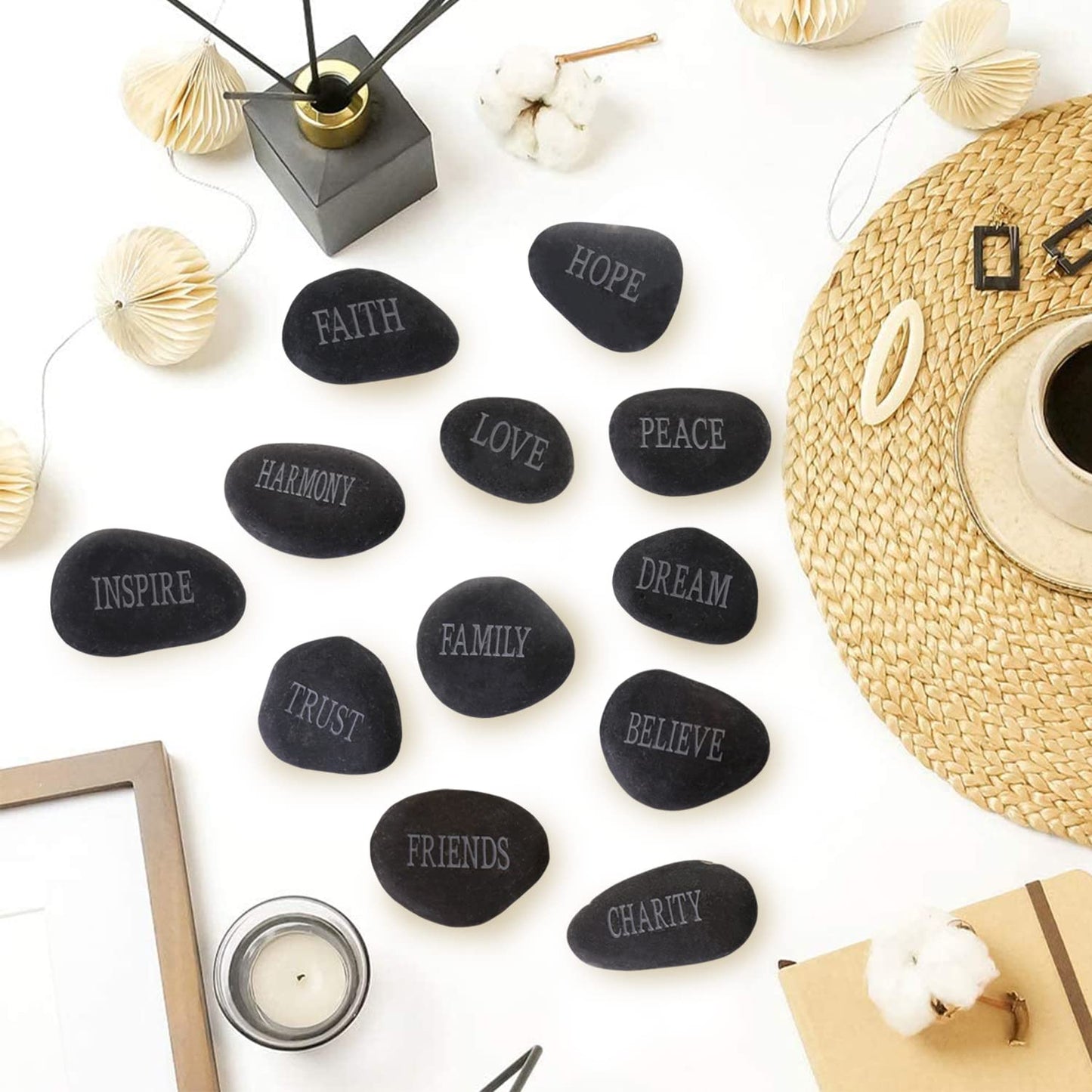 12PCS DIY Rocks for Engraved Inspirational Polished Garden Stones, Natural Encouragement Personalized Healing Decor River Stone - Unique Gift for Friends Arts Crafts (12 Different Words) (Black)