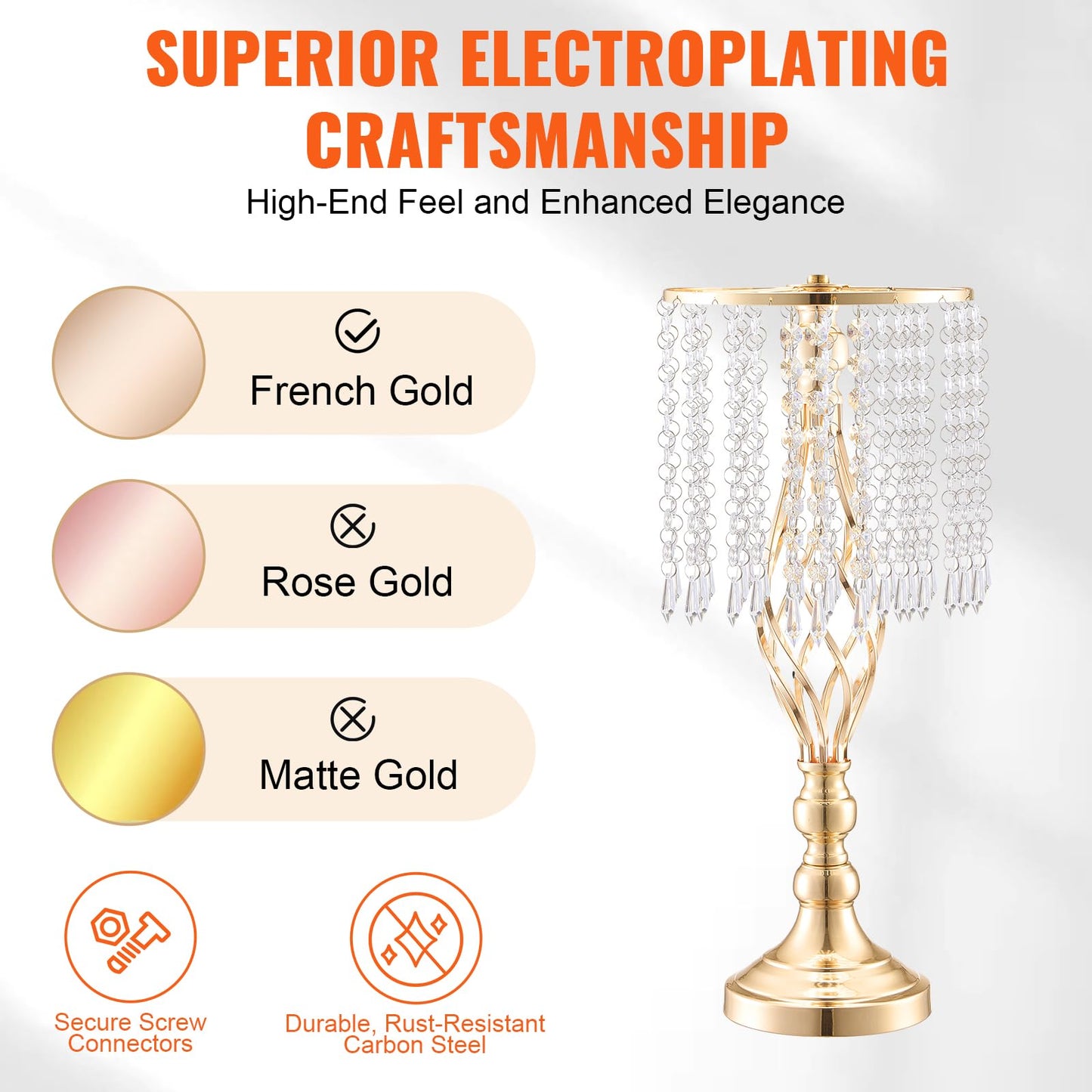 VEVOR Metal Wedding Centerpiece Gold,Crystal,12PCS 49cm/19.3”