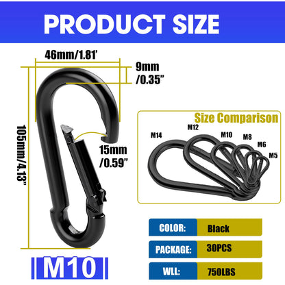 30Pack Carabiner Clips Heavy Duty, 4” Large Spring Snap Hooks Bulk, Galvanized Black 3/8” Carabiners for Camping, Solid Spring Clips for Home Gym Hanging Hammocks Swing Hiking-1100lbs Holding Capacity