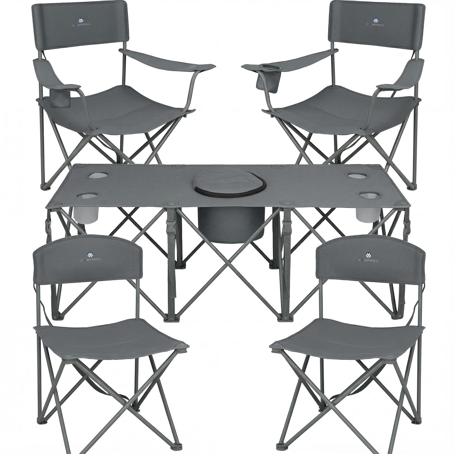 Camping Chair Set of 5,Outdoor Folding Lawn Chairs with Table for Adults,Heavy Duty Collapsible Chair Include Four Single Chairs and Camping Table with Cooler Bag for Travel Fishing Sport Picnic,Grey