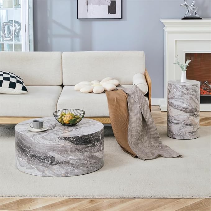 Round Coffee Table Set for 2, Modern Living Room Table Set, Faux Marble Wood