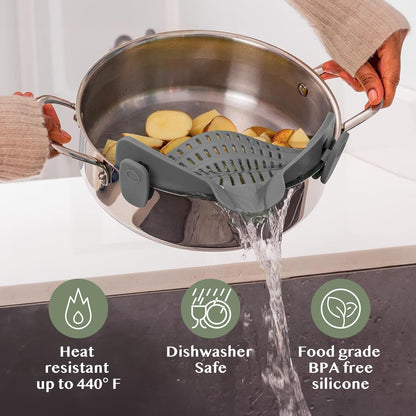 Kitchen Gizmo Snap N' Strain Clip On Strainer for Pots and Pans - Collapsible Silicone Pasta Strainer and Kitchen Gadget for Cooking - Easy to Use, Heat Resistant and Space Saving Colander - Green