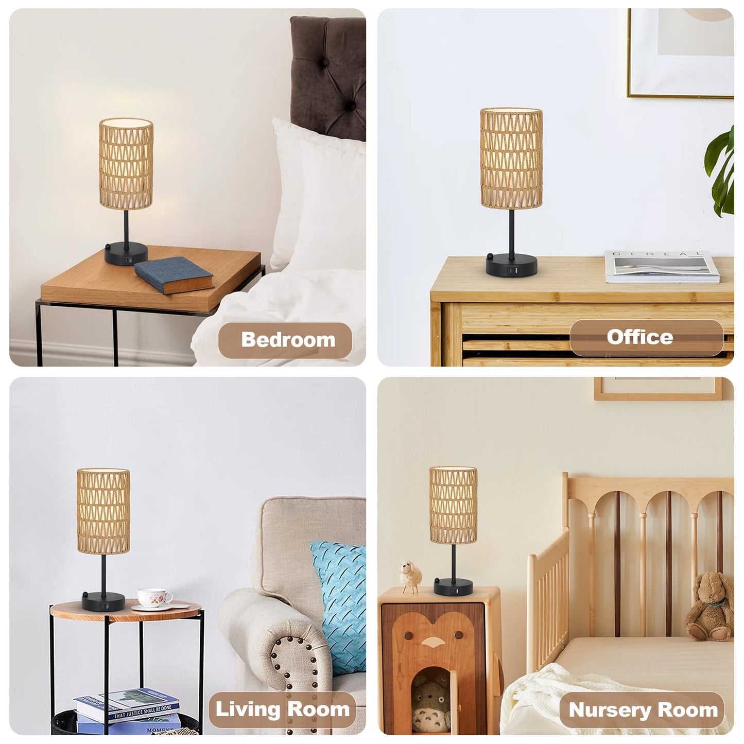 Touch Table Lamp For Bedroom with Bulb, Boho Small Desk Lamp For Living Room With Rattan & Linen Shade, 3 Way Dimmable Bedside Table Lamp For Nightstand With USB Charging Port & Phone Stand For Office