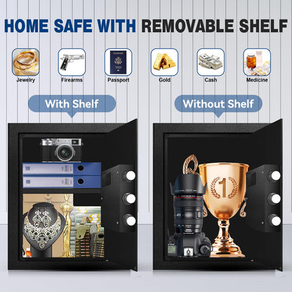 Fdsutvit Fireproof Home Safe Box- Steel Digital Combination Lock Security Box with Type-C Backup & Sensor Light, Key Lock Safety Box for House Office Documents Money Jewelry Handgun - Black 2.8 Cu Ft
