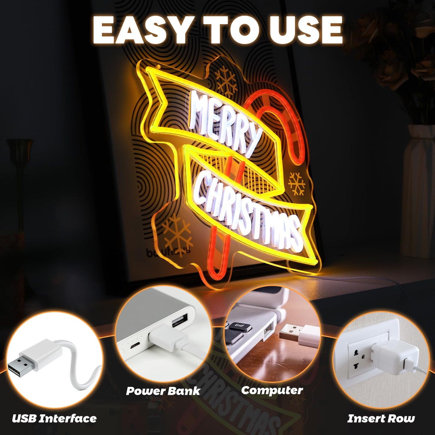 Merry Christmas Neon Signs, Dimmable Merry Christmas LED Light Sign, Xmas Candy Cane Sign for Holiday Party Home Bar Decoration, USB Powered Neon Light for Xmas Party Bedroom Bar Club