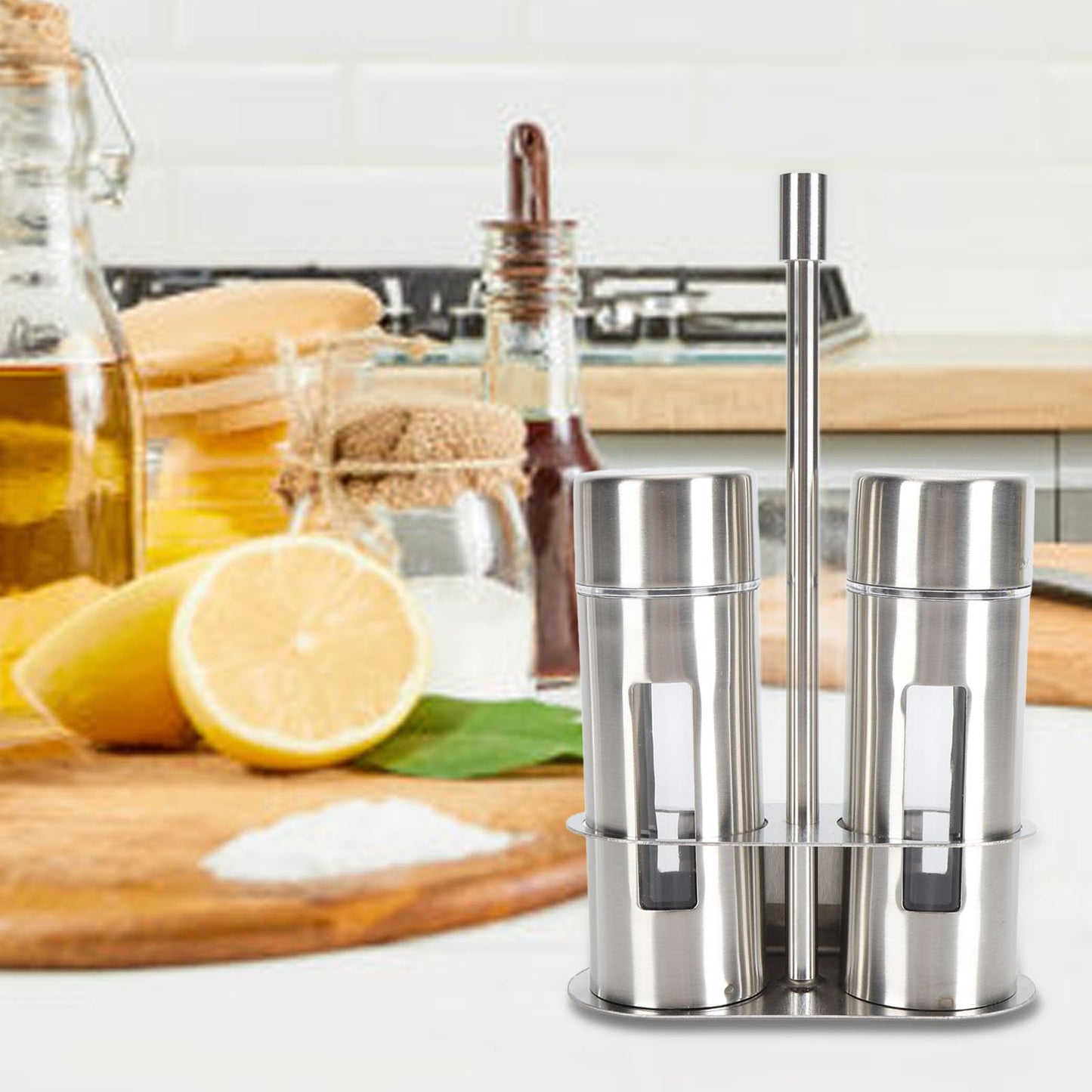 Salt and Pepper Shakers with Holder, Stainless Steel Salt Shaker with Base Stand Sugar Seasoning Bottle Jar for Kitchen Restaurant