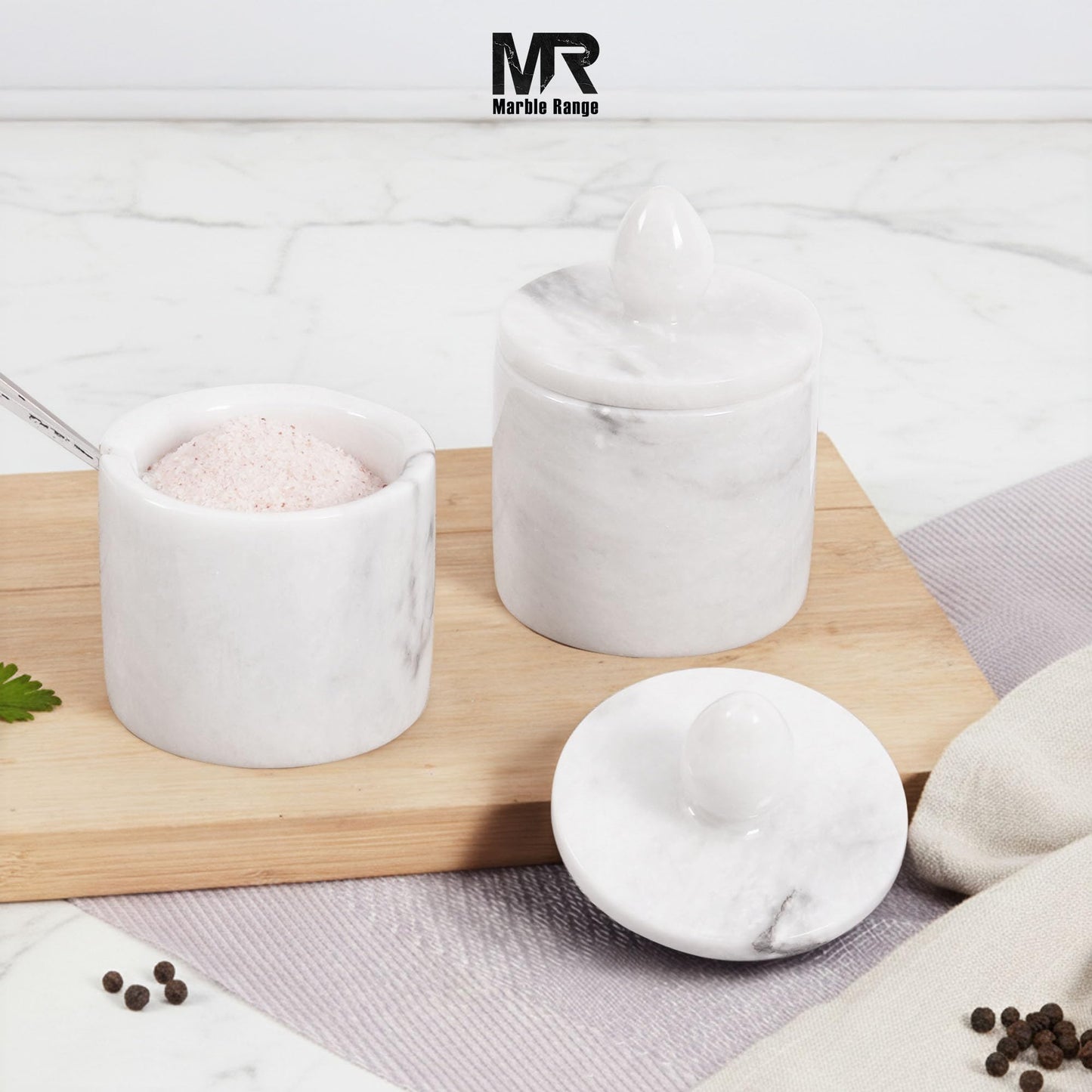 Marble Salt Cellar with Lid and tray 4 Inch White Handmade Salt Container, Set of 2 Seasoning Jars, Spice Storage Containers for Kitchen Countertop, Sugar Bowl