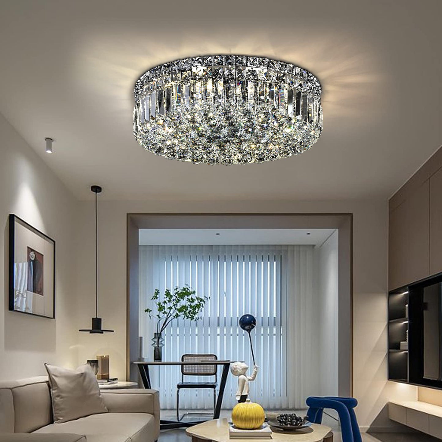 CEENLI 6-Lights Crystal Flush Mount Chandelier Light Fixture with K9 Crystals Modern Ceiling Lights Elegant Pendant Lamp for Bedroom,Hallway,Bar,Living Room,Dining Room,H5.9 xW20 (Bulbs Not Included)