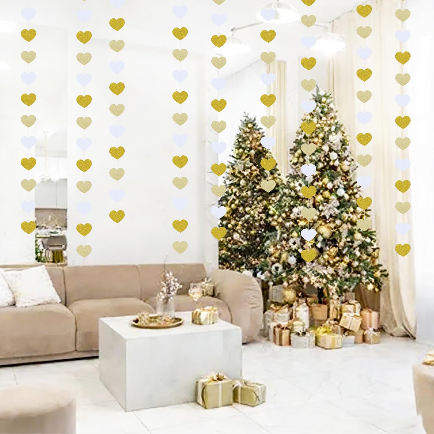 White Gold Champagne Party Decorations Garland-Hanging Christmas Paper Heart Streamer Banner,Birthday Neutral Baby Bridal Shower Engagement Wedding Bachelorette Anniversary 52FT Supplies Joylune