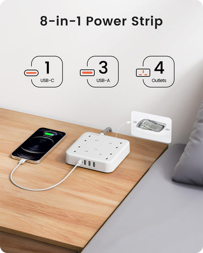 LENCENT Extension Lead with 4 Way Outlets, 3250W 13A Power Strip, 1.8M Braided Extension Cord, 1 USB-C and 3 USB Slots, Multi Power Plug Extension for Home and Office, White