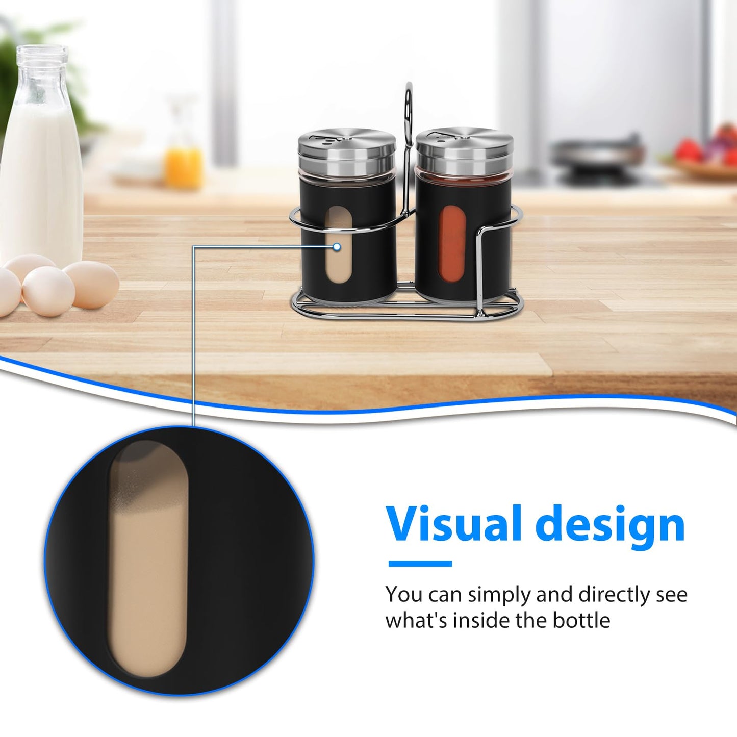Glass Salt and Pepper Shaker Set with Seasoning Rack, Spice Rack, Adjustable Pour Hole Stainless Steel Lid, 2.8 oz, Spice Dispenser for Salt, Pepper, Spice Preservation (black)