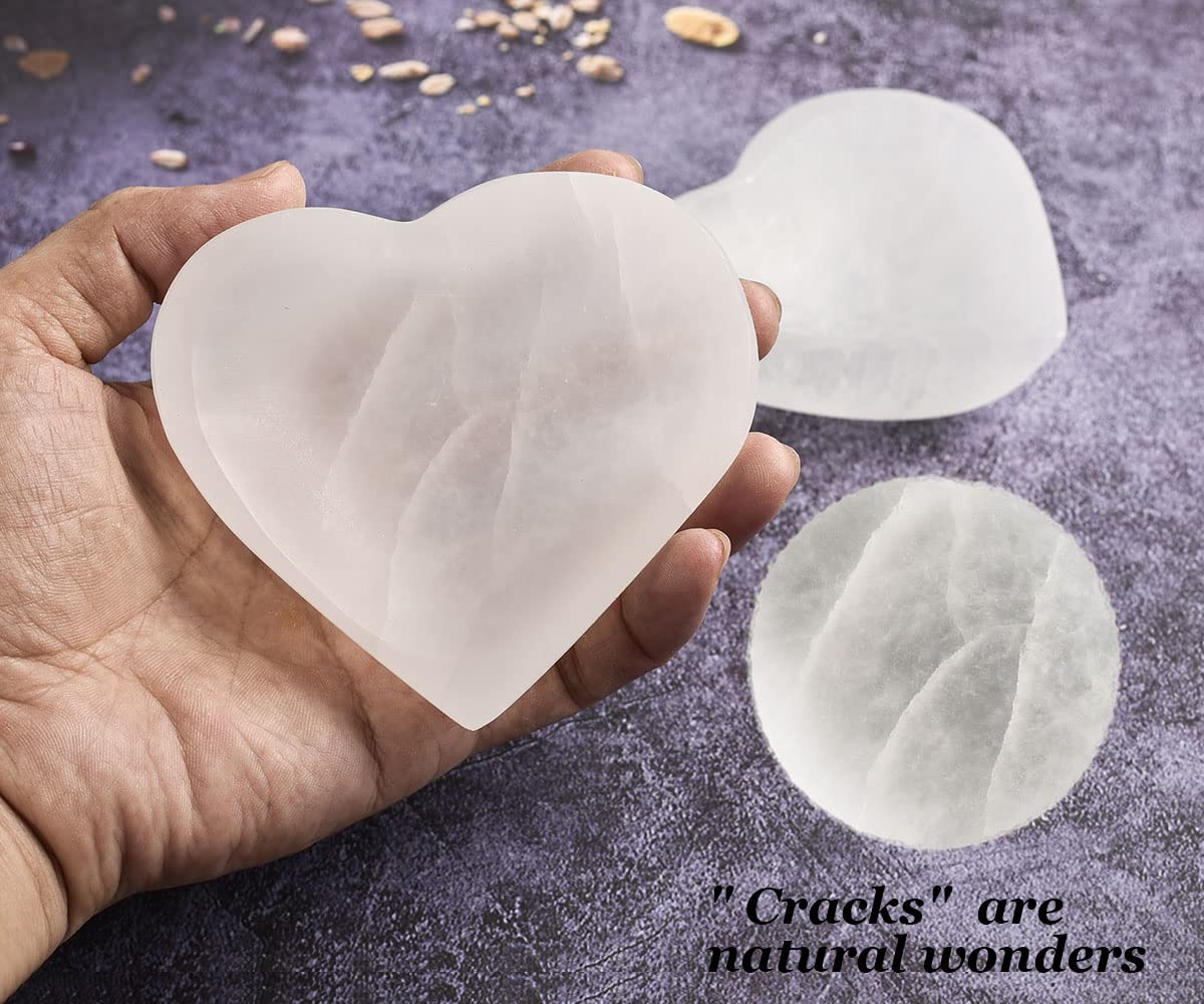 MOGEMT 4 Inch Selenite Bowl Hand-Carved Heart Shape Selenite Crystals Holder for Cleansing, Charging, Smudging, Healing, Decoration or Gift