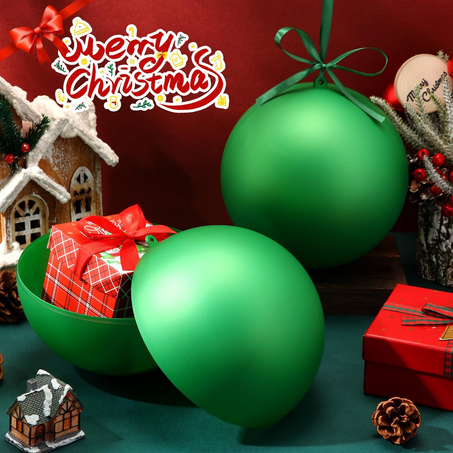Zubebe 2 Pcs 8" Giant Fillable Christmas Ornaments with Ribbons Oversized Plastic Xmas Balls for Outdoor Lawn Yard Decor, Tree Hanging, Holiday Gifts(Matte Green)