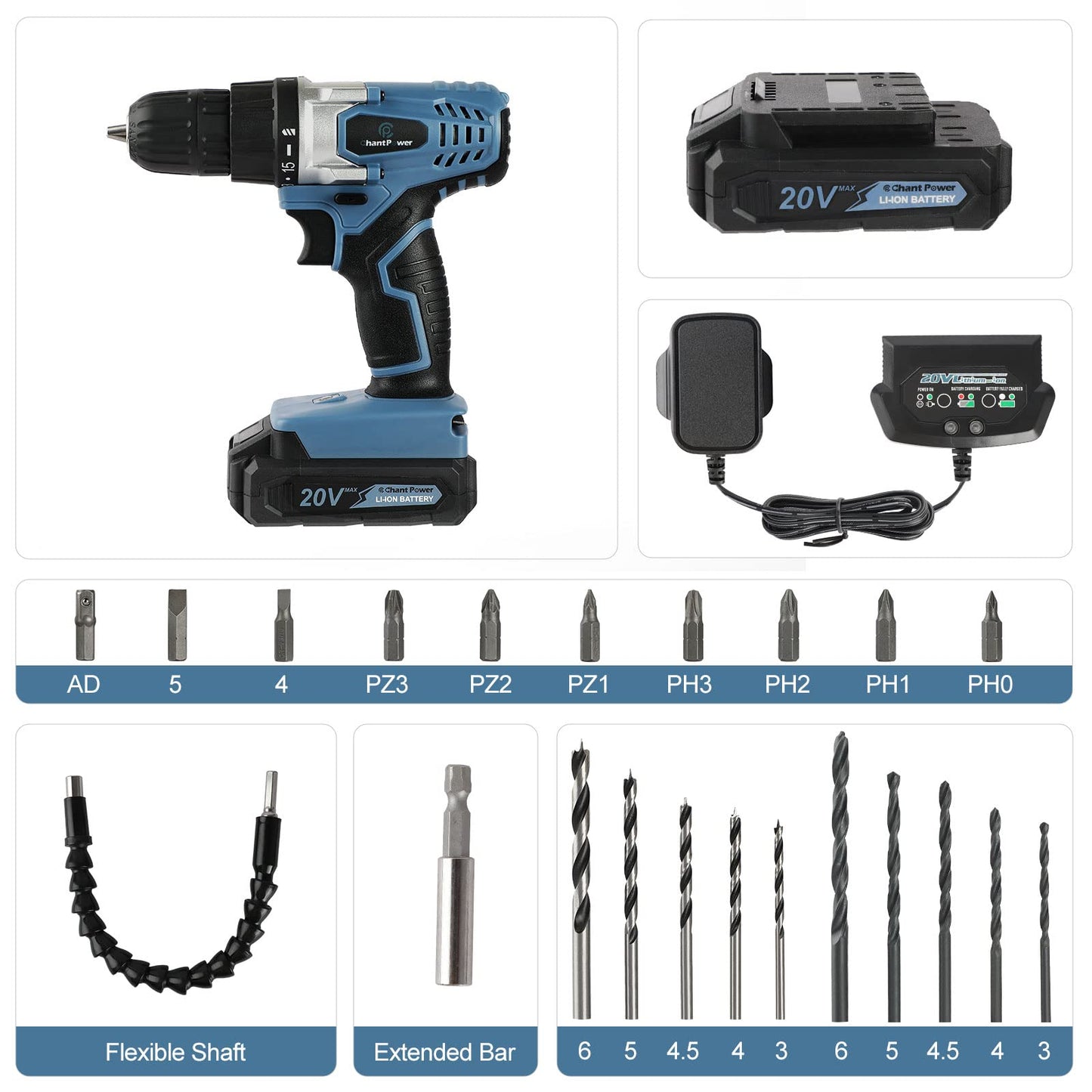 C P CHANTPOWER Cordless Drill Set, 20V Electric Power Drill Driver with Battery and Charger, 10mm Keyless Chuck, Variable Speed, 16 Position and 22pcs Accessoris