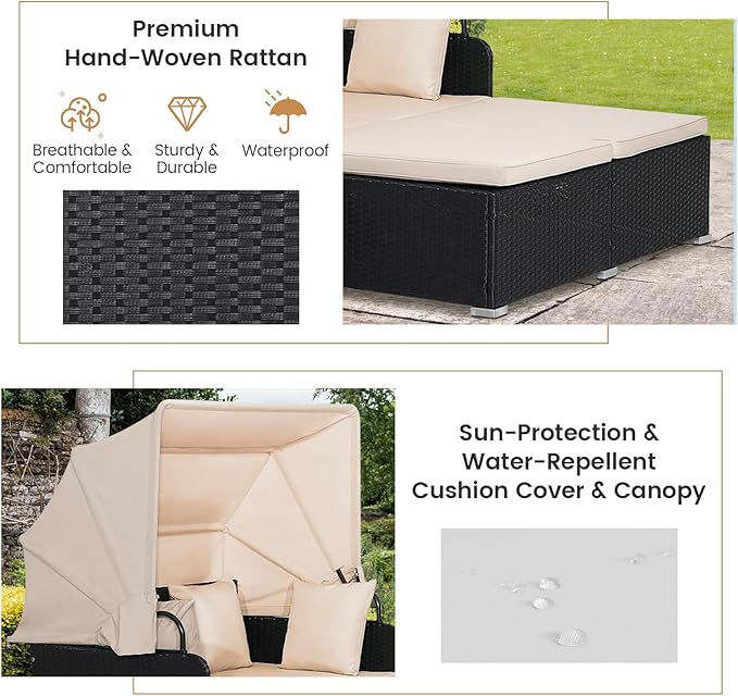 COSTWAY Outdoor Daybed with Retractable Canopy, Patio Rattan Daybed with