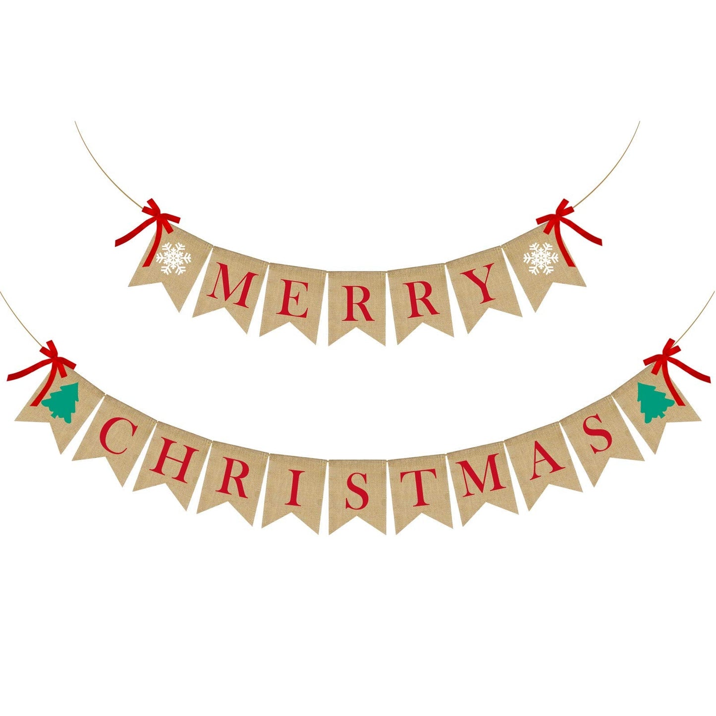 PACETAP Merry Christmas Burlap Banner with 4 Red Bows, Home Indoor Christmas Decorations for Fireplace, Chimney, Wall, Tree
