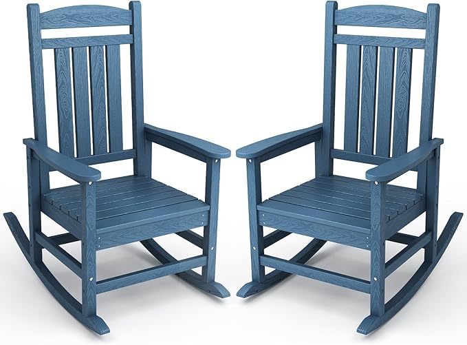 KINGYES HDPE Patio Rocking Chair Set of 2, Outdoor Rocking Chairs Porch Rocker for Adults, Navy