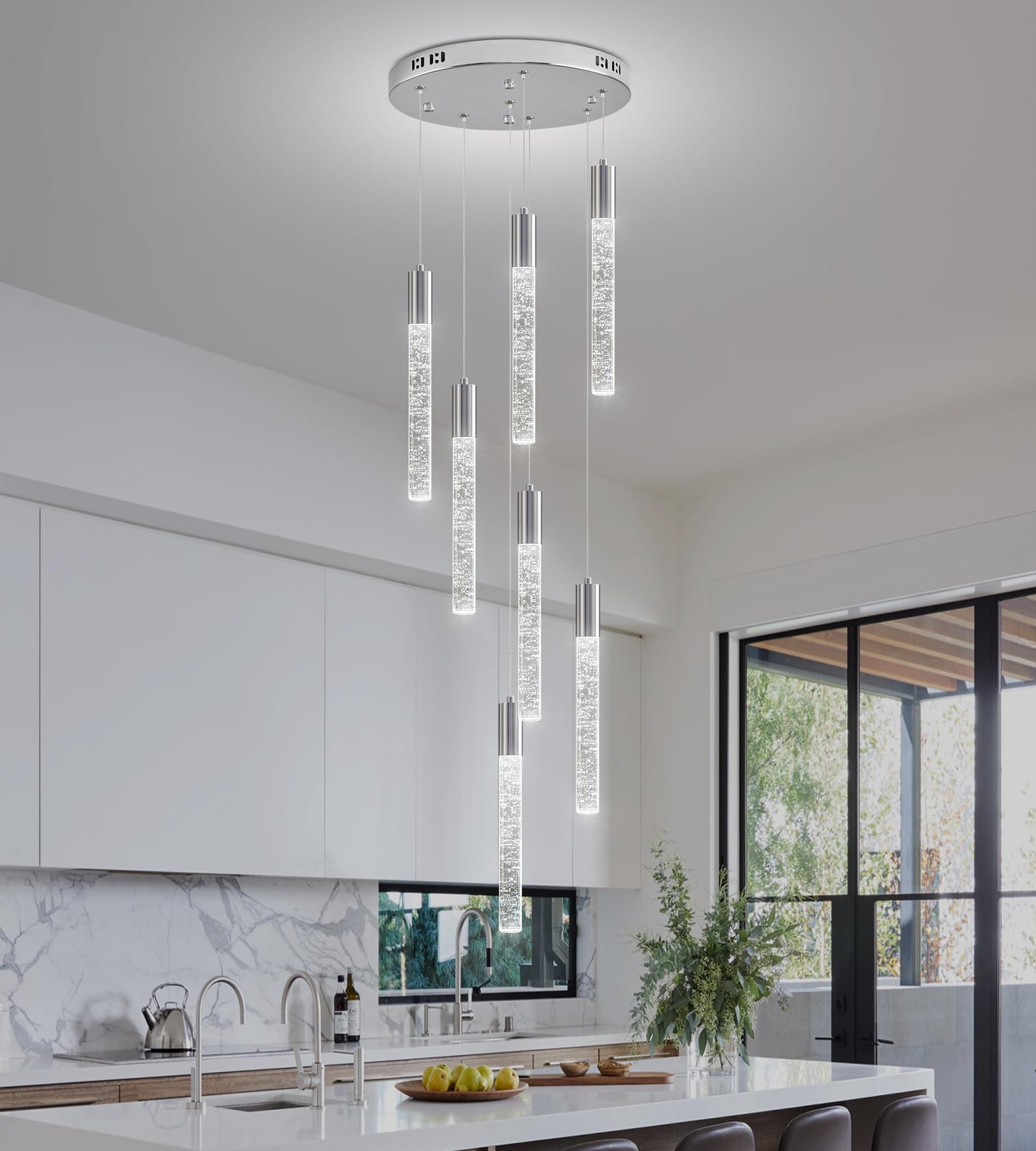 Upfelw Modern High Ceiling Crystal Chandelier 7-Lights, Spiral LED Raindrop Foyer Pendant Lighting, Bubble Staircase Living Room Hanging Light Fixture Flush Mount Chrome