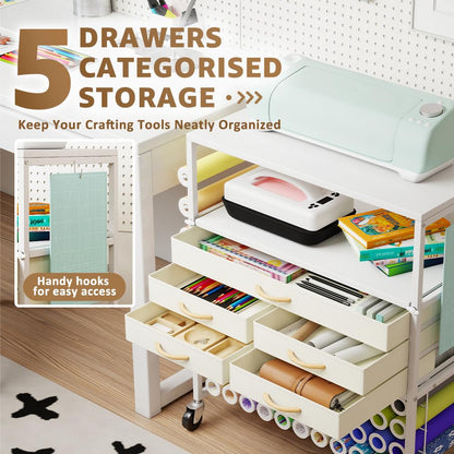 LUCKUP Organization and Storage Craft Table for Cricut Machines, Rolling Cart Cabinet with Extend Tabletop, 51 Vinyl Roll Holders, 5 Drawers & Heat Press Workstation