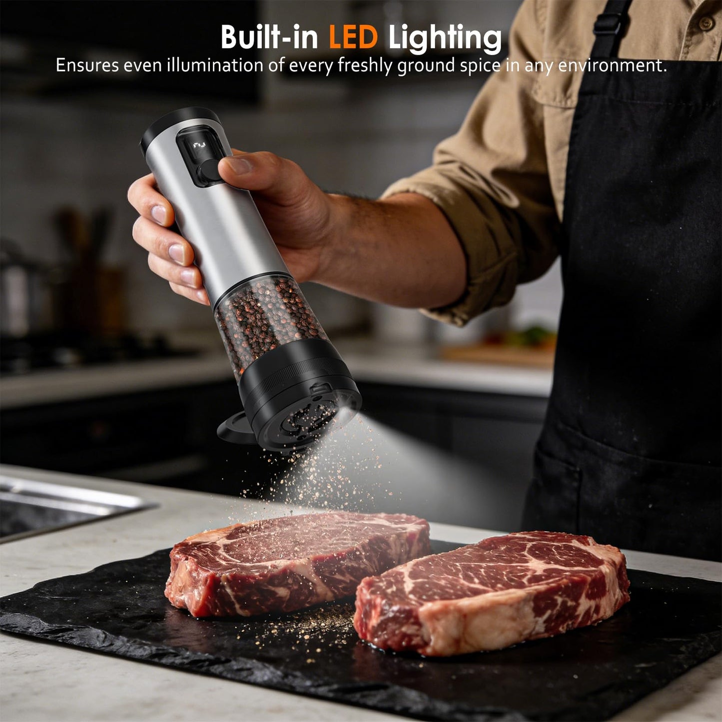 Rechargeable Electric Salt and Pepper Grinder Set with LED Light, 5-Level Adjustable Coarseness, 2-Speed Automatic Mills, 2 x 100ml Large Capacity, Black