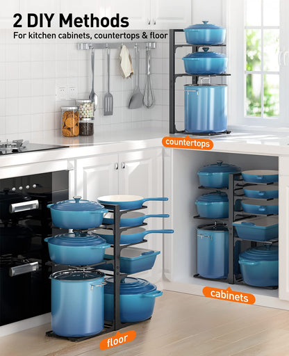 ORDORA Pots and Pans Organizer for Cabinet 16.61'' Height, 8 Tier Pot Organizers Rack with 3 DIY Methods, Adjustable Pan Organizer under Cabinet Kitchen Organization and Storage