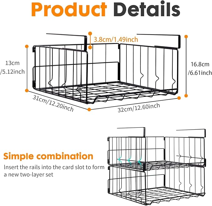 Hanging Under Shelf Storage Basket, 2 Pack Foldable Under Cabinet Metal Desk