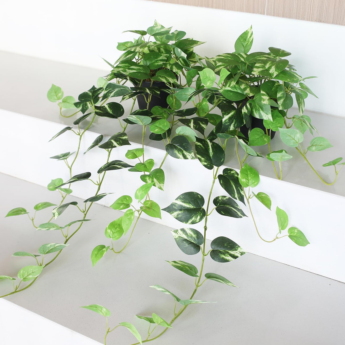 Fake Pothos Hanging Plants - 33" Set of 2 Artificial Silk Ivy Vines with Pots, Realistic Faux Greenery for Indoor Home Office Bathroom Decor, Low Maintenance Hanging Plant Decoration - Golden Green