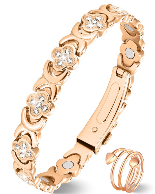 Jeracol Copper Bracelets for Women, Ultra Strength Magnetic Bracelets with 3800 Gauss Magnets & Sparkling Cubic Zirconia, Pure Copper Clover Jewelry with Ring
