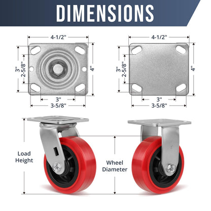 HANDSAMMU 5 inch Industrial Casters-Polyurethane on Polypropylene Swivel Casters, Heavy Duty Casters with 1000 lb Capacity, Caster Wheels for Toolbox, Workbench, Industrial Equipment(2 Pack Swivel)