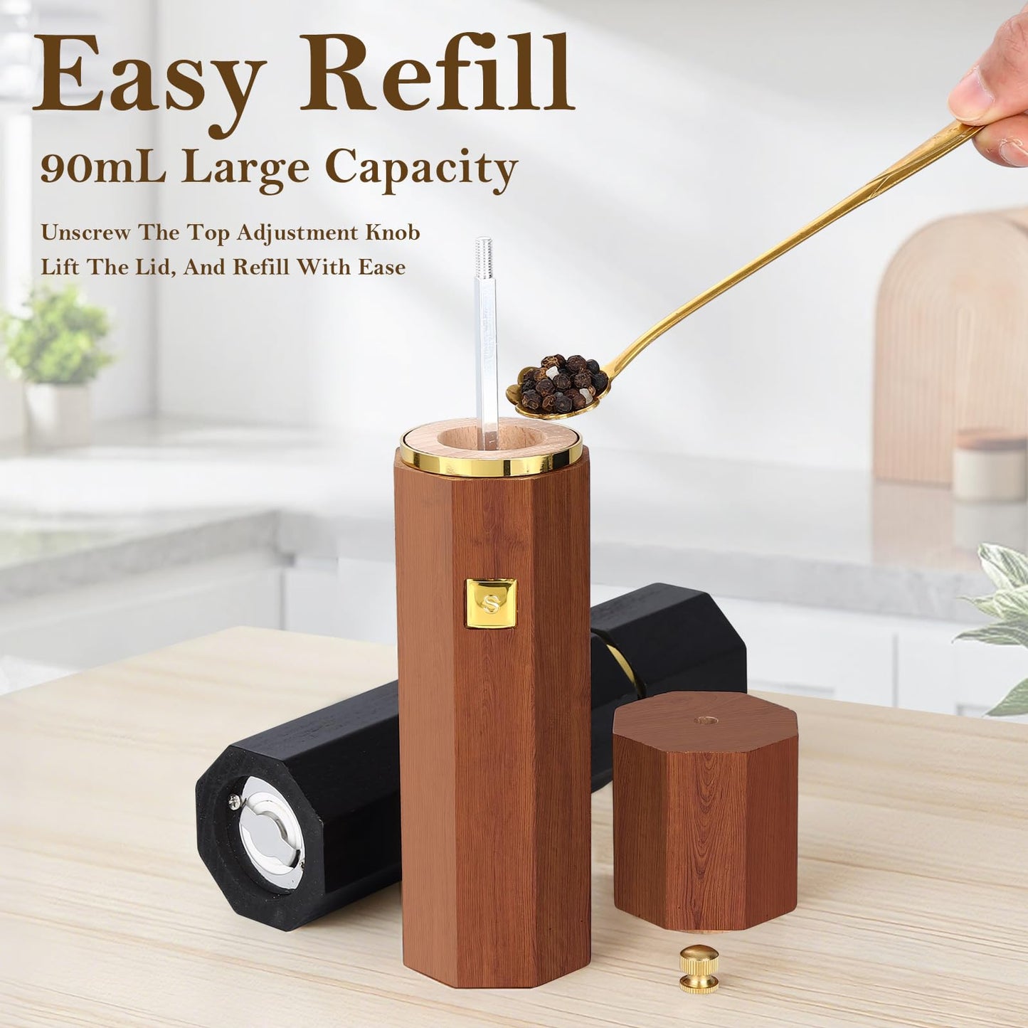 Fewuto Solid Wooden Salt and Pepper Grinder Set - Adjustable Ceramic Grinder Refillable Manual Mill Natural Wood Finish, 8 Inch Kitchen Dining Table Essential Birthday Gift 2 Pack