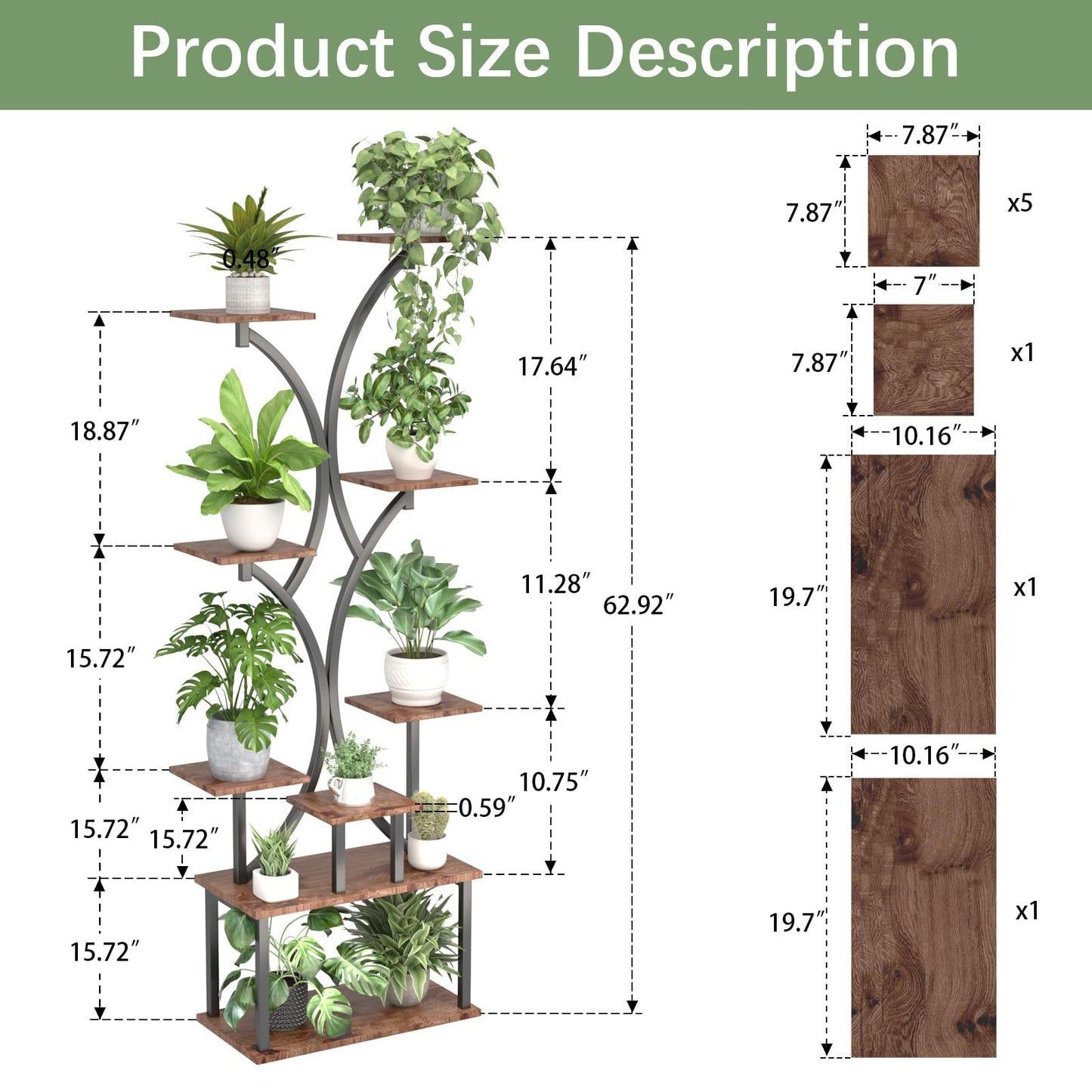 REFGY 65 inch Plant Stand Indoor with Grow Lights, 9 Tiered Metal Plant Stands Indoor, Tall Plant Shelf for Multiple Plants, for Living Room, Patio Balcony or Office (Rustic Brown)