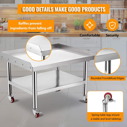 ExploreHorizon Stainless Steel 36x28x24 Inch Equipment Grill Stand Table with wheels, 660 Lbs Top & Bottom Shelf, Adjustable Legs, 2" Edge Baffle, for Hotel, Home, Commercial Restaurant Kitchen