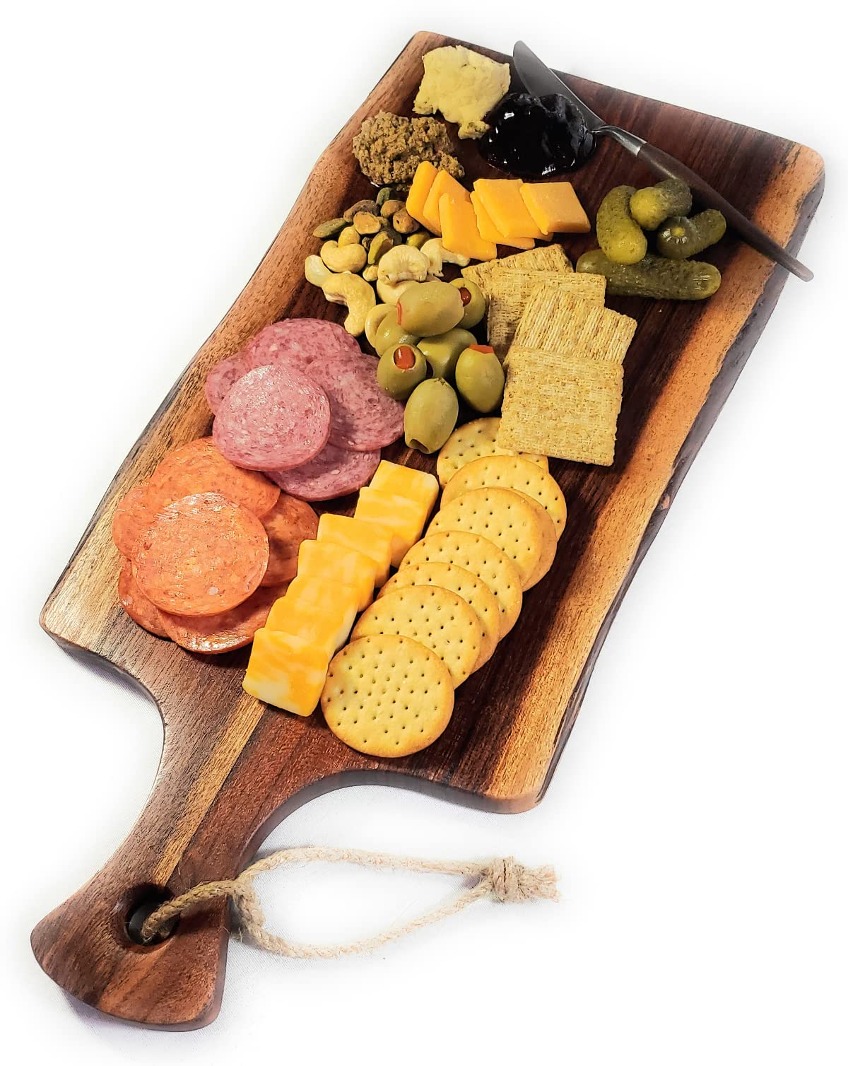 Acacia Charcuterie Board with Natural Live Edge & Handle - Wood Cheese Board - Decorative Wooden Serving & Cutting Board - Housewarming, Mothers Day, New Home & Wedding Gifts (18” x 8”)