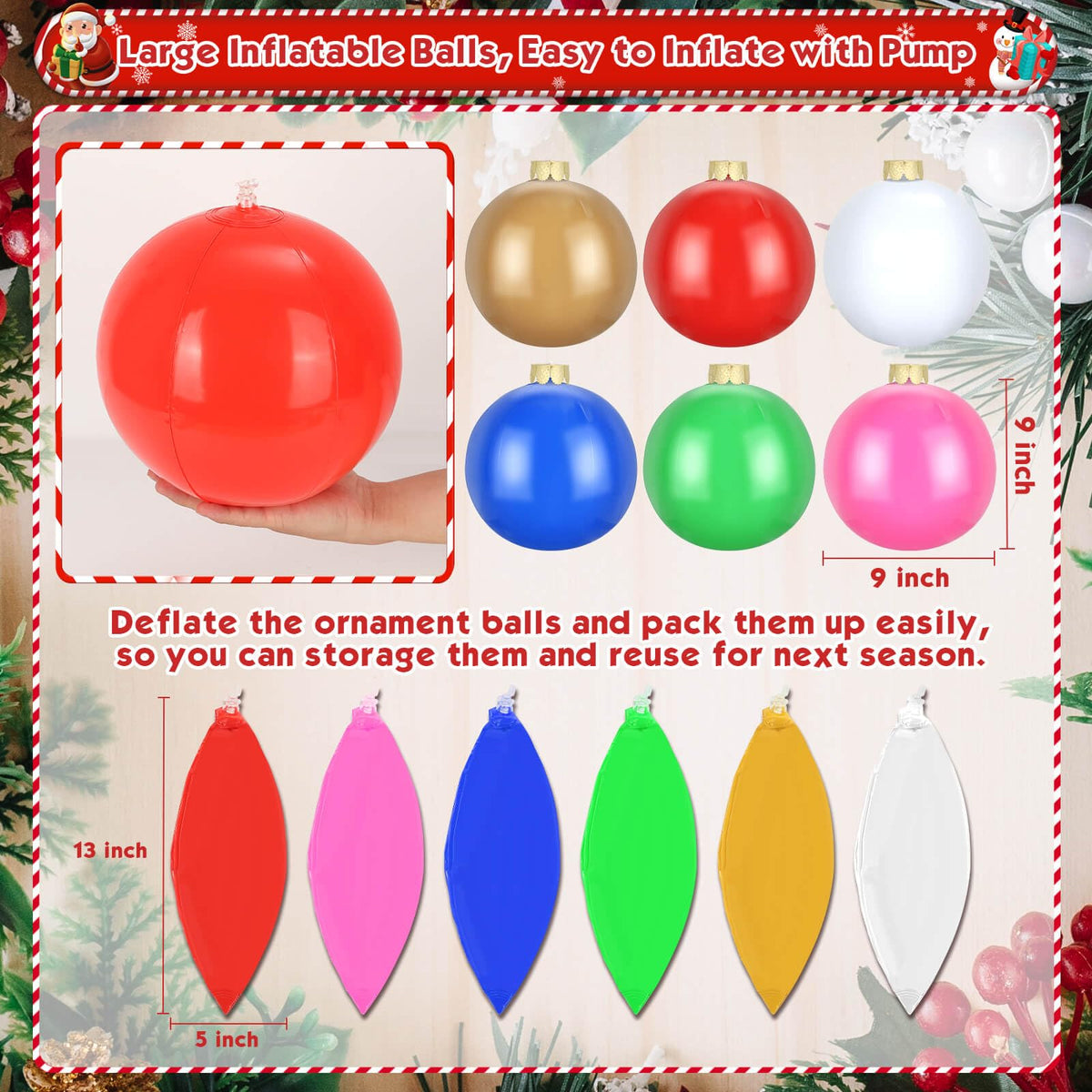 Flasoo 12 Pack Inflatable Christmas Ornaments for New Year Festive, Large Blow up Christmas Balls for Front Door Yard Tree Hanging Decoration (9 Inch)