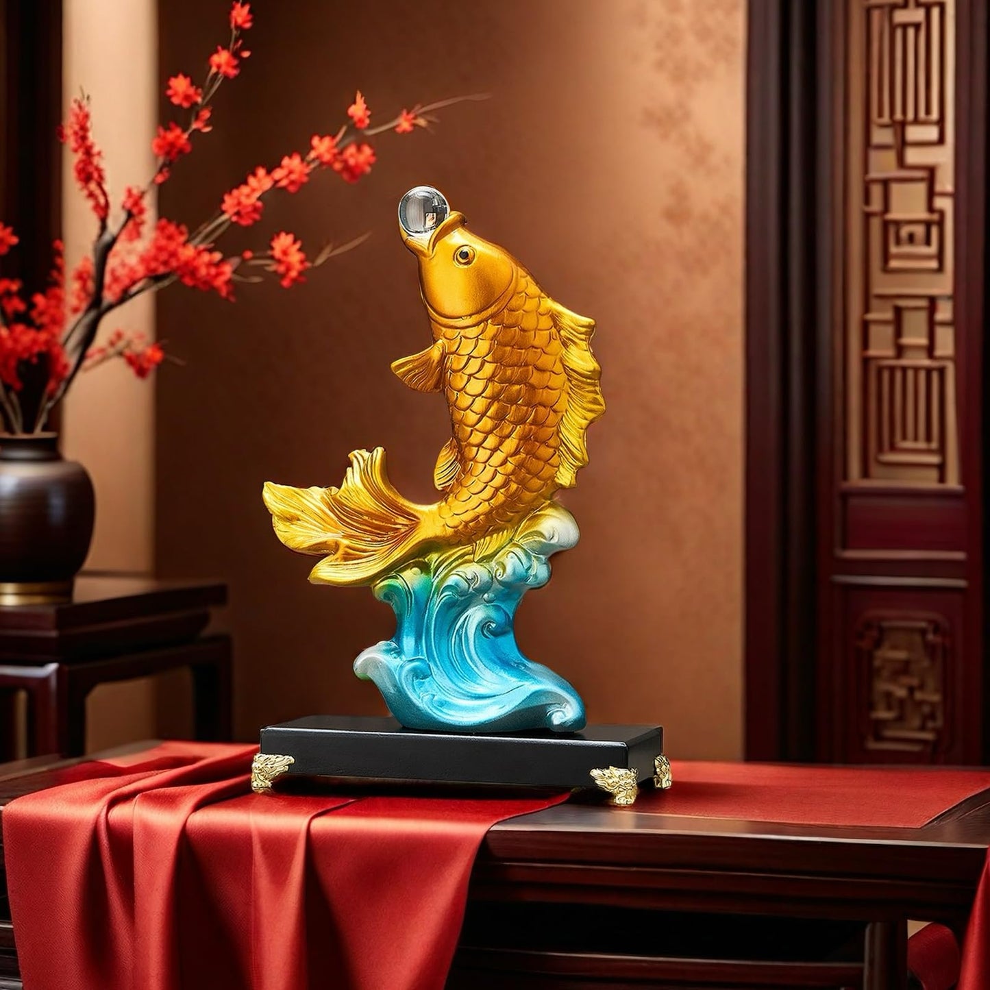 FUNSXBUG 13.3 Inch Large Chinese Feng Shui Fish Statue Sculpture Collectible Figurine Feng Shui Decor Home Office Decoration Tabletop Decor Ornaments Good Lucky Gifts (Gold)