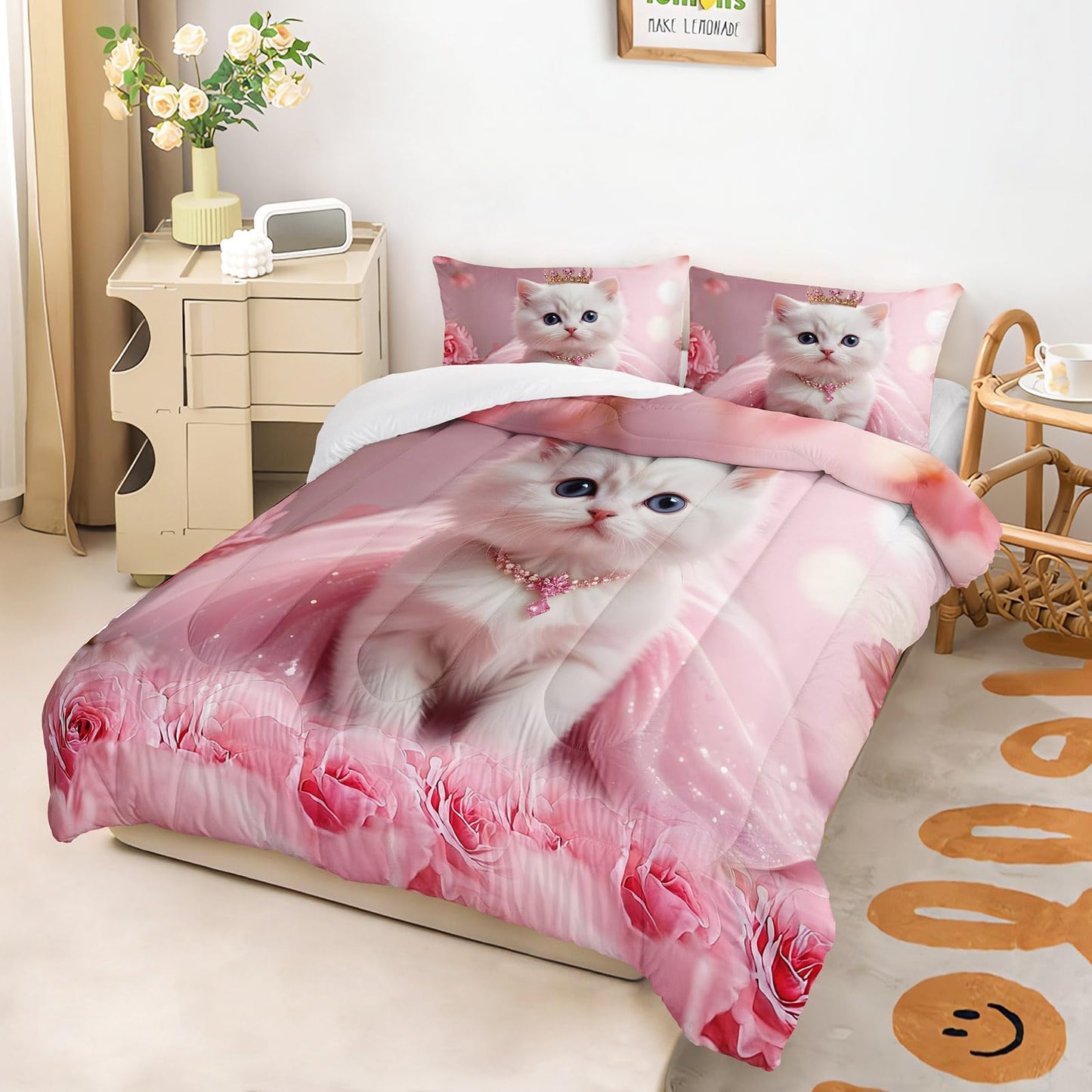 AILONEN 3D White Cat Comforter Set for Kids,Girls Full Size,Cute Crown Kitten Bedding Set for Bedroom Decor,3-Piece,1 Quilt + 2 Pillowcases,Soft Microfiber