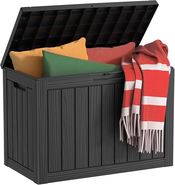 EasyUp 45 Gallon Outdoor Storage Box, Resin Waterproof UV-Resistant Deck Box, Reinforced Stability for Patio, Garden, and Poolside, Striped Black