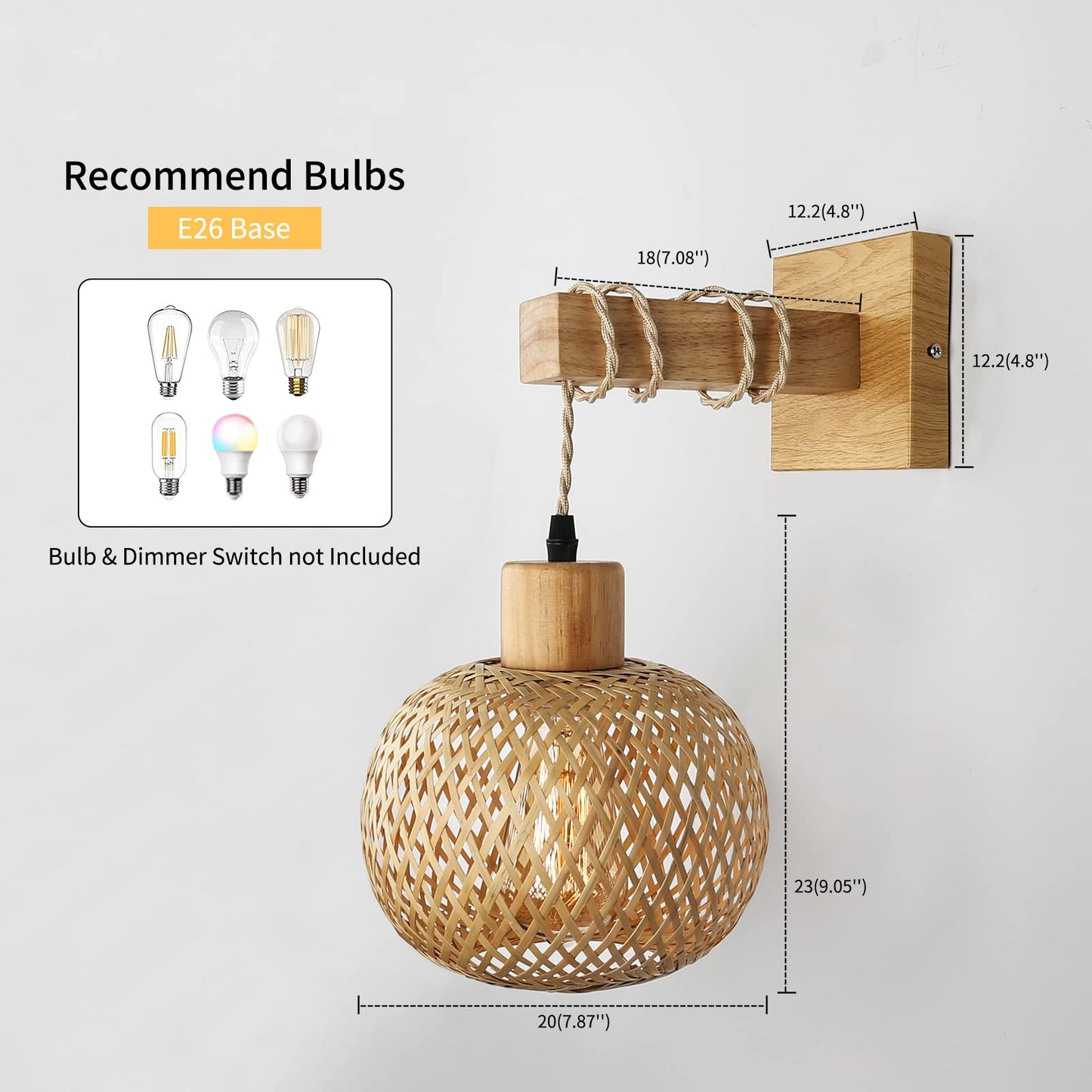Frideko Bamboo Wall Sconce Lighting - Rattan Wall Lamps for Bedroom, Farmhouse Wall Light with Bamboo Lampshade, Rustic Boho Sconces Light Fixture for Living Room, 1 Pack