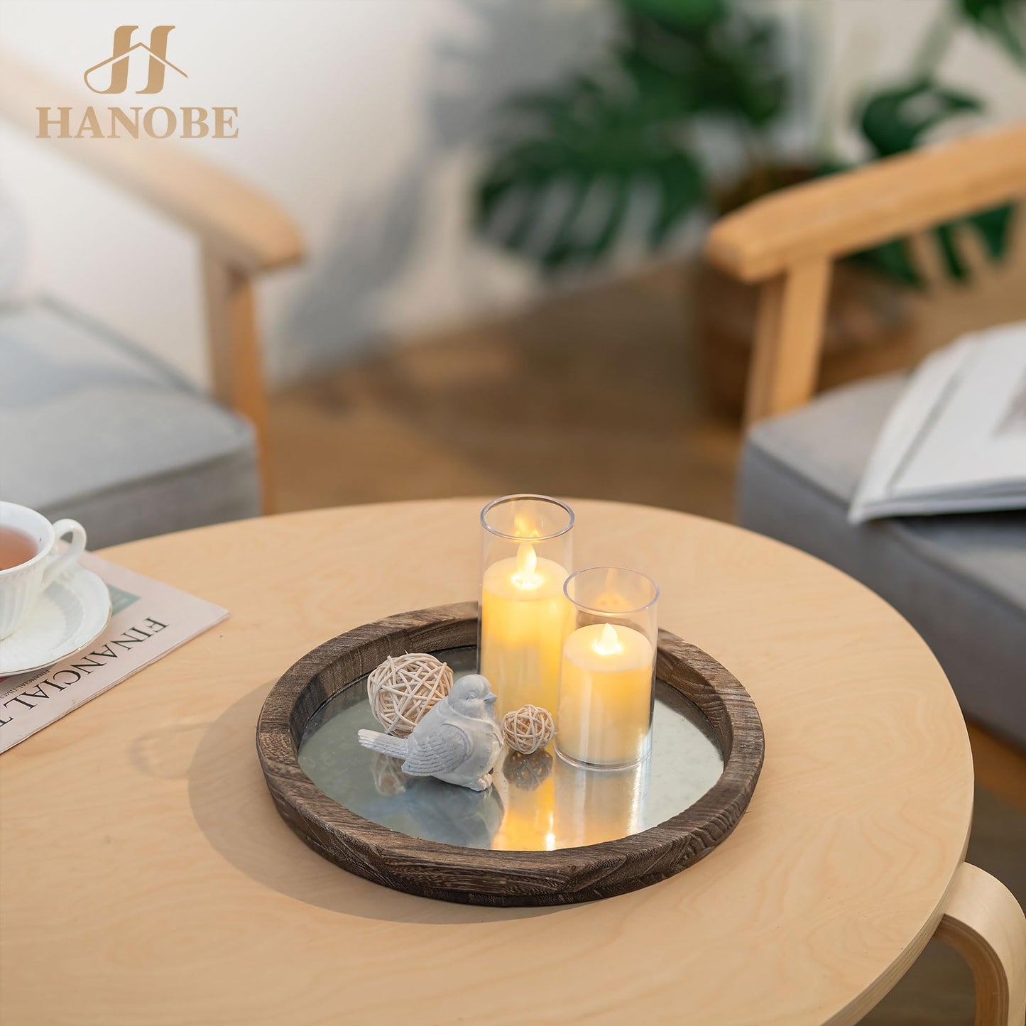 Hanobe Candle Plate Holder Tray: Round Wood Decorative Candle Plate - Rustic Farmhouse CoffeeTable Decor - Tealight Pillar Trays for Home Decor (Distressed Mirror)