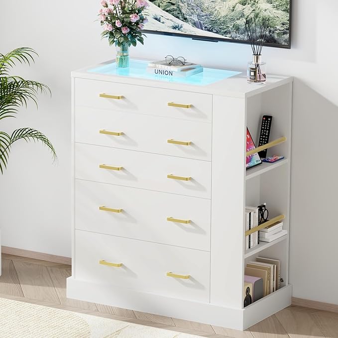 Drawer Dresser with LED Lights and Open Shelves, Modern Tall Chest of Drawers