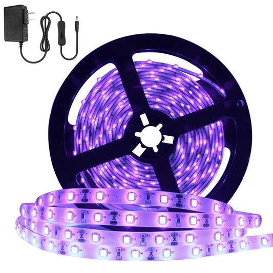 YGS-Tech 24 Watts UV Black Light LED Strip, 16.4FT/5M 3528 300LEDs 395nm-405nm Waterproof IP65 Blacklight Night Fishing Sterilization implicitly Party with 12V 2A UL Listed Power Supply