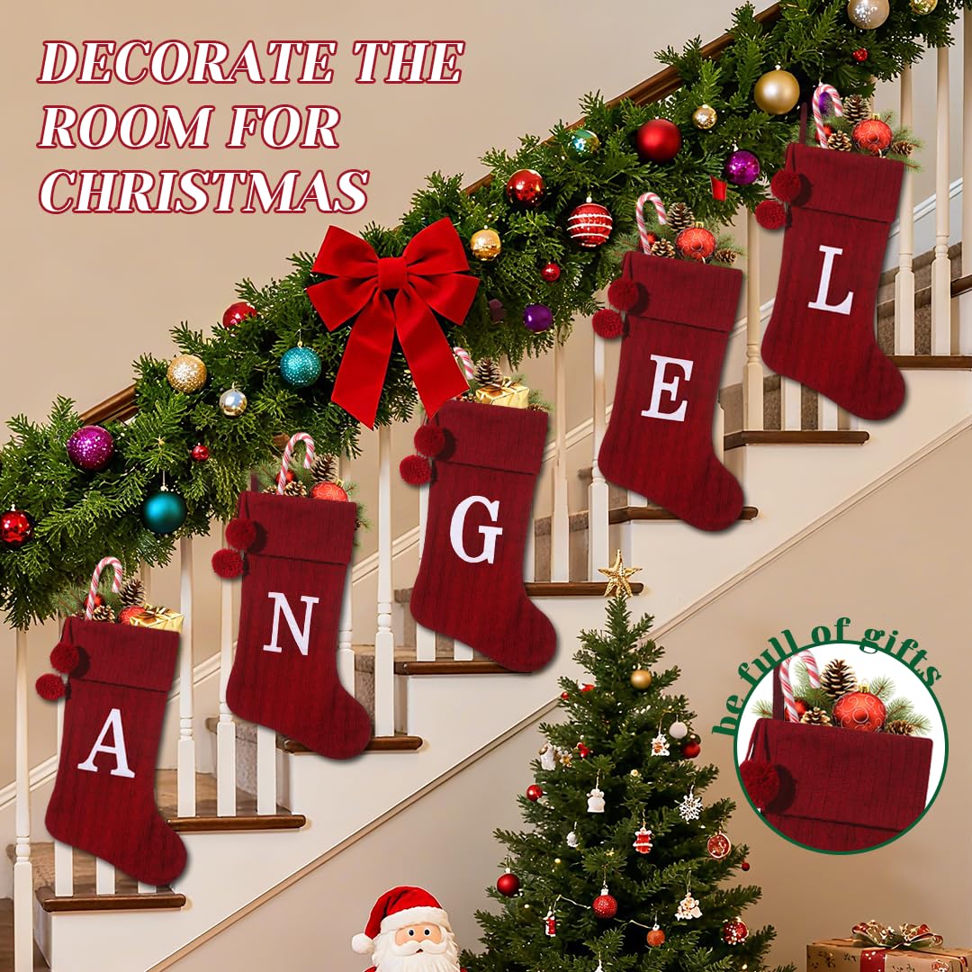 Pxniy Personalized Christmas Stocking 19 Inch - Burgundy Cable Knit with Monogram Embroidery & Pom Poms, Family Fireplace Hanger for Holiday Decor, Burgundy Letter B