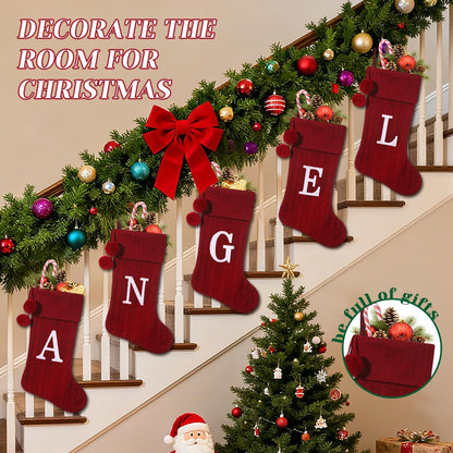 Pxniy Personalized Christmas Stocking 19 Inch - Burgundy Cable Knit with Monogram Embroidery & Pom Poms, Family Fireplace Hanger for Holiday Decor, Burgundy Letter B