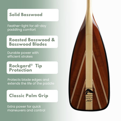 BENDING BRANCHES Java 11 Wood Canoe Paddle – 18-Laminate Basswood Shaft, Hardwood Blade with Fiberglass Wrap and Rockgard® Protection, 11° Bent Shaft, Classic Palm Grip