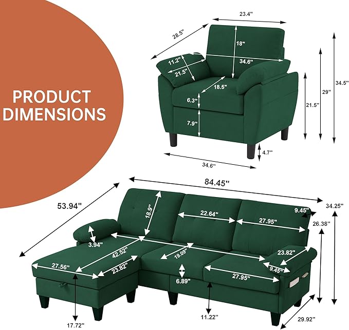 2 Piece Sectional Sofa Set, 3 Seat L Shaped Couches