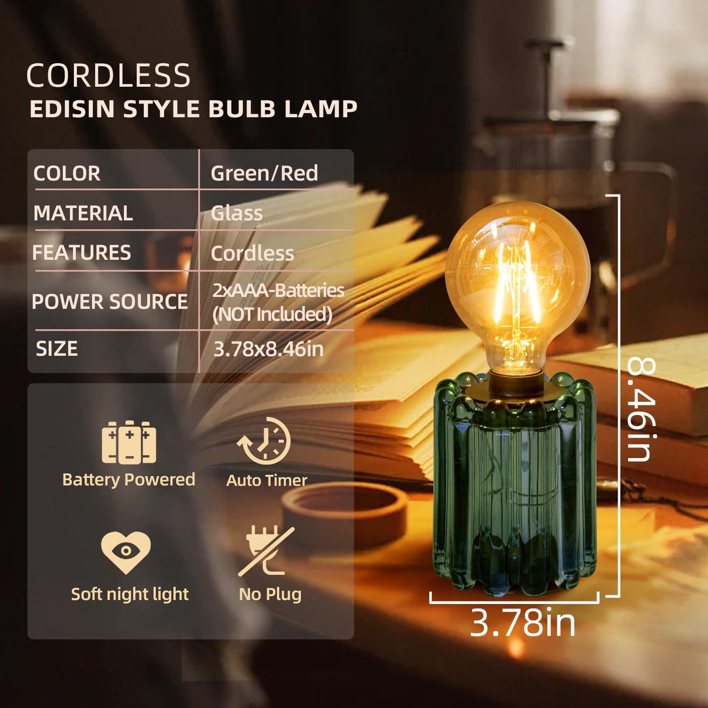 Set of 2 Battery Operated Table Lamp, Battery Powered Cordless Lamp with Timer, Glass Bulb Shape Decorative Lights for Living Room Bedroom Weddings Parties Patio Events Indoors Outdoors（Loden Frost）