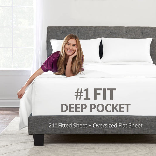 Extra Deep Pocket King Bed-Sheets – 4-Piece Includes: 18”-21” Inch Super Extra Deep Pocket Fitted Sheet – Oversize Flat Sheet – 2 Zipper Closure Pillowcases – Perfectly Fit – King Size – Bright White